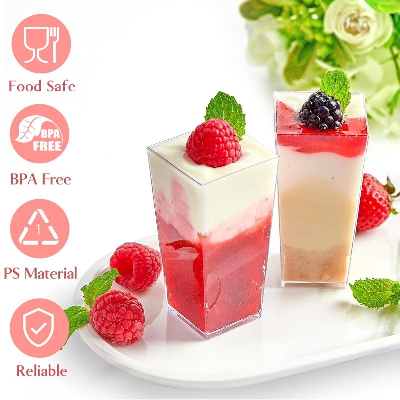 TOFLEN 50 Pack 3 oz Square Mini Dessert Cups with Spoons Clear Plastic Dessert Shooter Cups for for Party, Yogurt, Parfait, Cheesecake, Pudding, Jello and Appetizers - Image 4