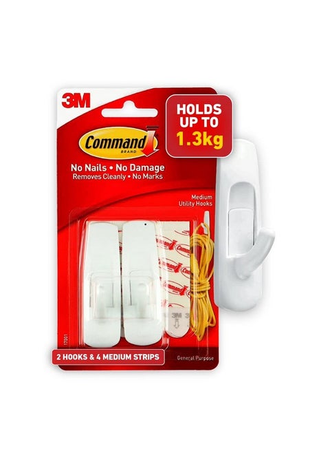 Plastic Medium Utility Wall Hooks, Up To 1.3Kg, Heavy Duty, Holds Strongly, Reusable, Adhesive Hooks For Wall, Multi-Surface Damage Free Hooks For Hanging (White, 2Hooks, 4 Stripss)