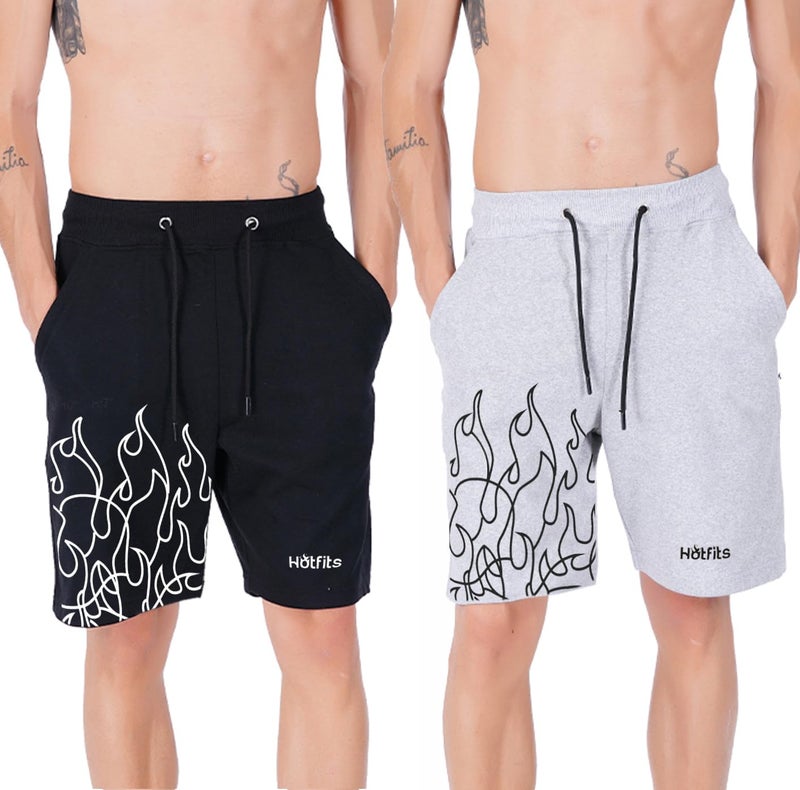 hotfits Men's Casual Black & Grey Cotton Regular Shorts, Workout Shorts, Elastic Waist Running Shorts with Pockets Flame Printed Pack of 2 - L - Image 1