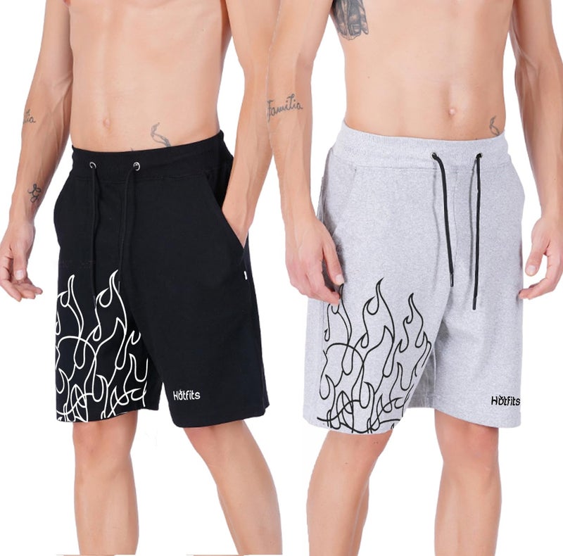 hotfits Men's Casual Black & Grey Cotton Regular Shorts, Workout Shorts, Elastic Waist Running Shorts with Pockets Flame Printed Pack of 2 - L - Image 2