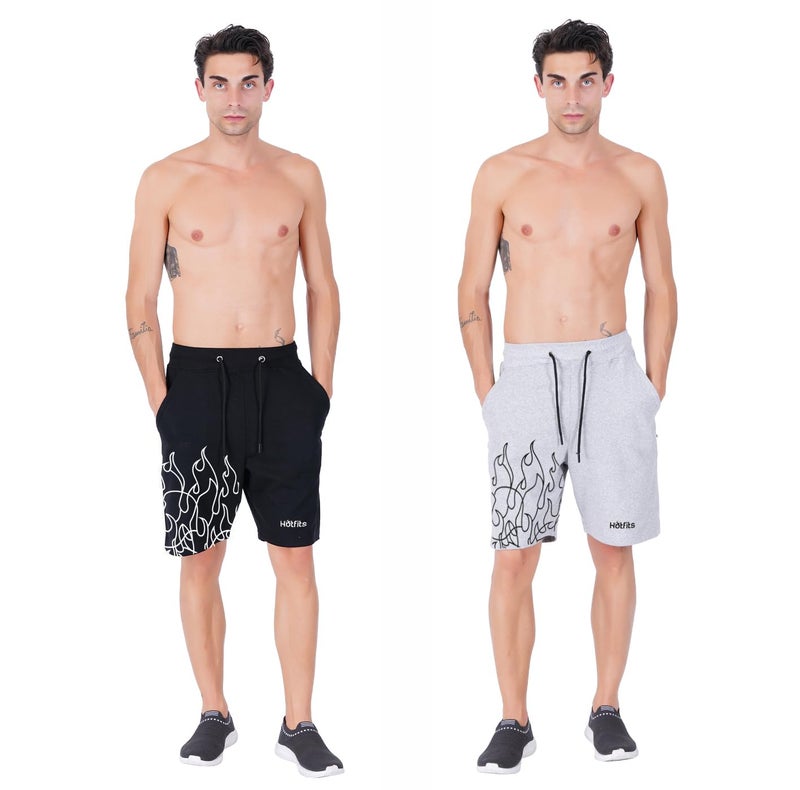 hotfits Men's Casual Black & Grey Cotton Regular Shorts, Workout Shorts, Elastic Waist Running Shorts with Pockets Flame Printed Pack of 2 - L - Image 5