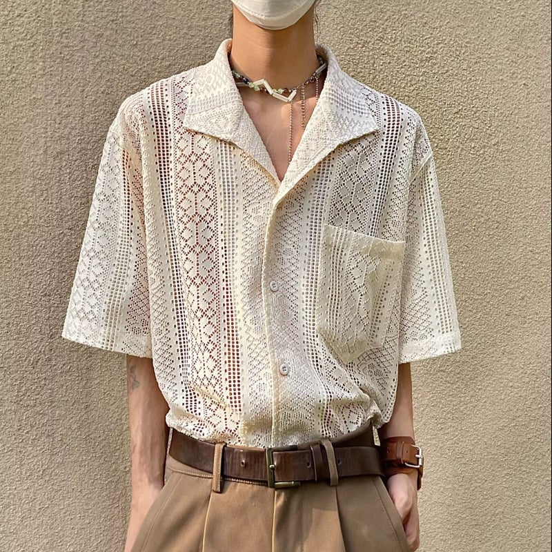 Summer Hollow Lace Artistic Shirt Men'S And Women'S Niche Design Sense Light Luxury Breathable Thin Holiday Style Casual Shirt - Image 2