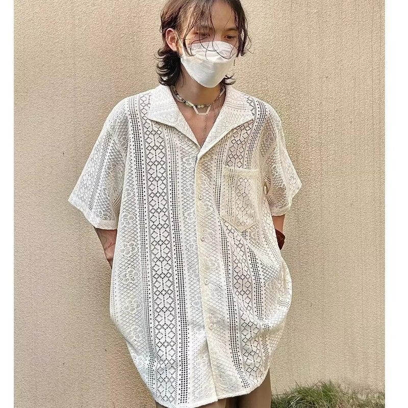 Summer Hollow Lace Artistic Shirt Men'S And Women'S Niche Design Sense Light Luxury Breathable Thin Holiday Style Casual Shirt - Image 4