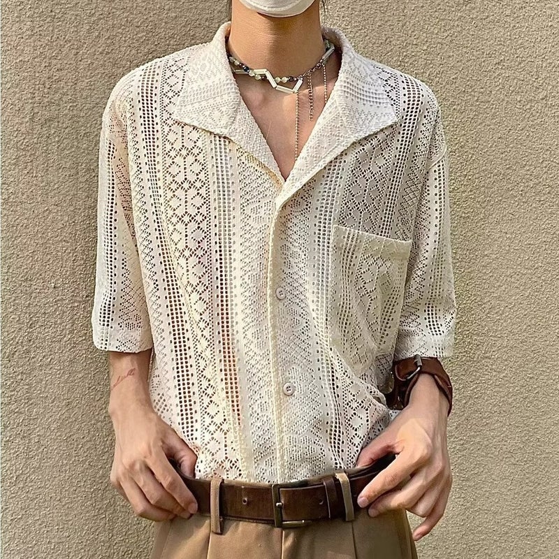 Summer Hollow Lace Artistic Shirt Men'S And Women'S Niche Design Sense Light Luxury Breathable Thin Holiday Style Casual Shirt - Image 3