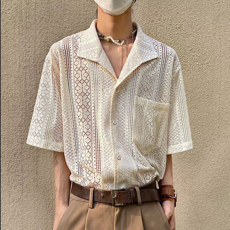 Summer Hollow Lace Artistic Shirt Men'S And Women'S Niche Design Sense Light Luxury Breathable Thin Holiday Style Casual Shirt - Image 1