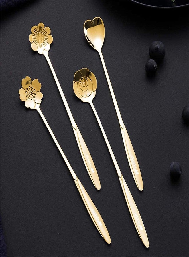 VISMII Golden Spoons, Coffee Spoon, Flower Teaspoons, Desserts Spoons, Stainless Steel Reusable Tea Scoops, Spoon Set for Kitchen, Dessert House, Cafe (Pack of 4) - Image 1