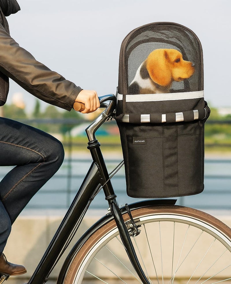 ANZOME Dog Bike Basket Cover, Breathable Mesh Pet Carrier Cover for Small Pets, Secure Velcro Straps, Reflective Safety Strip, Easy Install for Bicycle Front Basket 12.9â€LÃ—8.6â€W (Basket Not Included) - Image 4