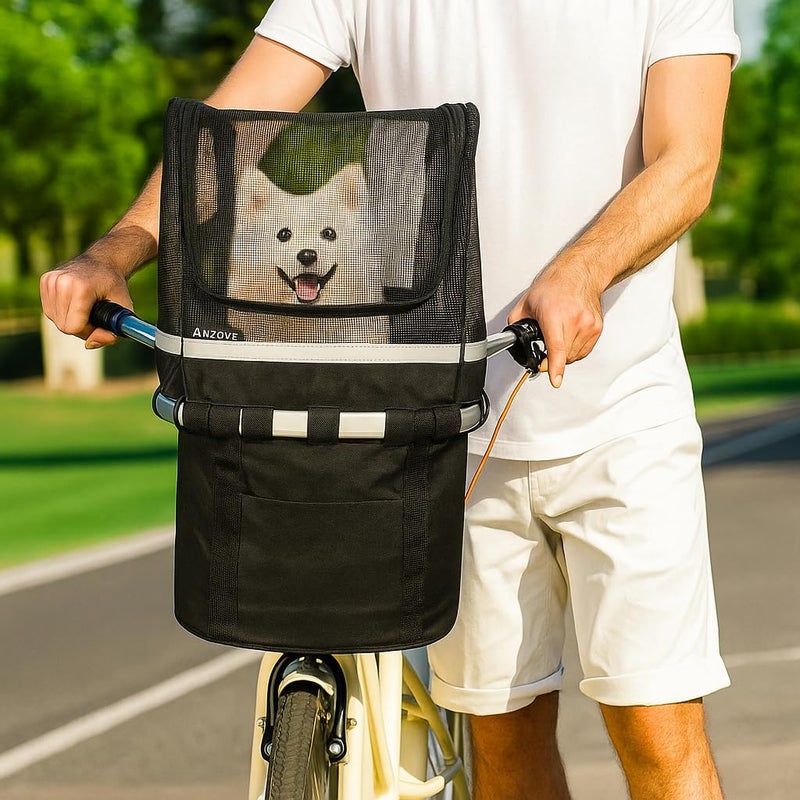 ANZOME Dog Bike Basket Cover, Breathable Mesh Pet Carrier Cover for Small Pets, Secure Velcro Straps, Reflective Safety Strip, Easy Install for Bicycle Front Basket 12.9â€LÃ—8.6â€W (Basket Not Included) - Image 3