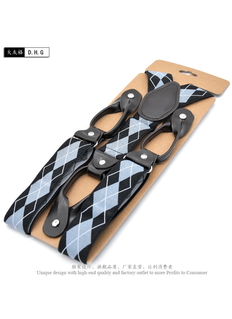 Generic British Style Button Suspenders 3.5cm Wide Big gray grid +120cm 