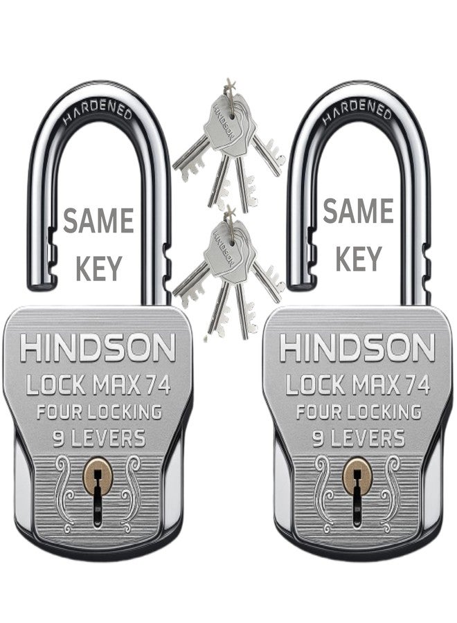 Hindson Heavy Duty Padlock Set, Chrome Finish, Hardened Steel, 4 Locking Technology, 9 Lever Lock System, 2 Locks with 8 Common Keys, 610g, for Home Security, Gate and Shutter - Image 1