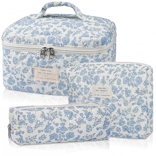 Teiniuby Floral Makeup Bag for Women 3 Pcs Quilted Cosmetic Bag Cute Flower Makeup Bags Set Coquette Cotton Make Up Bag Large Cosmetic Pouch Aesthetic Travel Toiletry Organizer Bag - Image 1