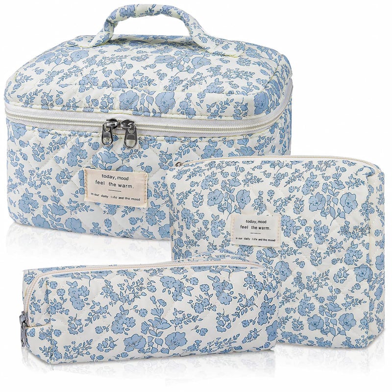 Teiniuby Floral Makeup Bag for Women 3 Pcs Quilted Cosmetic Bag Cute Flower Makeup Bags Set Coquette Cotton Make Up Bag Large Cosmetic Pouch Aesthetic Travel Toiletry Organizer Bag - Image 2