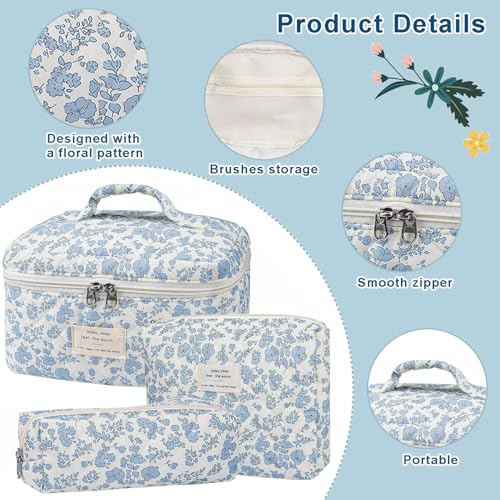 Teiniuby Floral Makeup Bag for Women 3 Pcs Quilted Cosmetic Bag Cute Flower Makeup Bags Set Coquette Cotton Make Up Bag Large Cosmetic Pouch Aesthetic Travel Toiletry Organizer Bag - Image 3