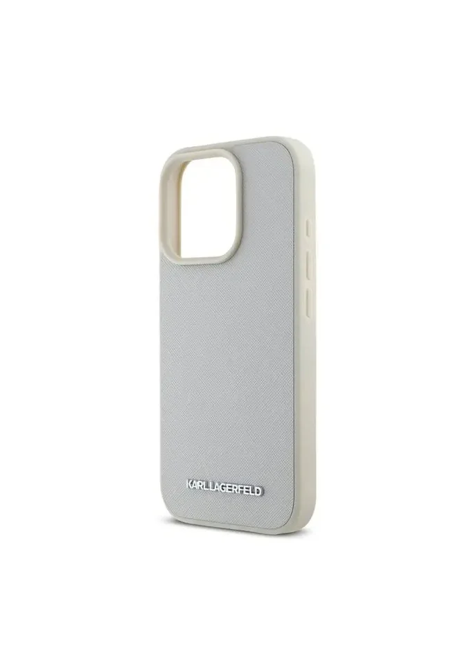 Karl Lagerfeld Saffiano Leather Hard Case with Elongated Metal Logo for iPhone 16 Pro / Drop Protection / Slim Profile - Beige