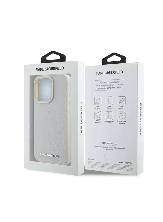 Karl Lagerfeld Saffiano Leather Hard Case with Elongated Metal Logo for iPhone 16 Pro / Drop Protection / Slim Profile - Beige