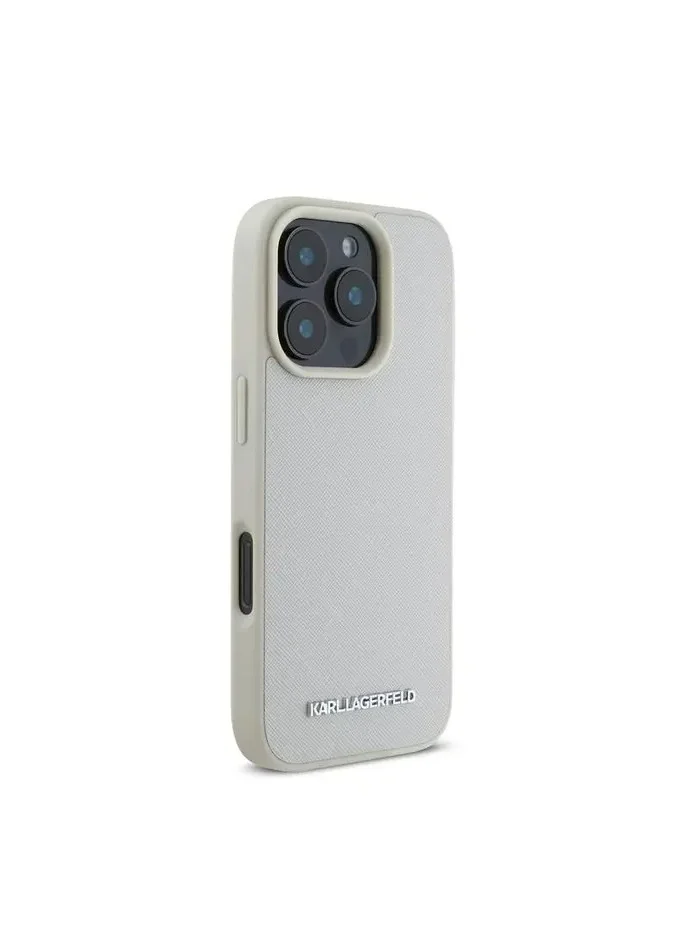 Karl Lagerfeld Saffiano Leather Hard Case with Elongated Metal Logo for iPhone 16 Pro / Drop Protection / Slim Profile - Beige