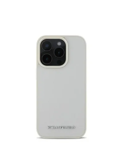Karl Lagerfeld Saffiano Leather Hard Case with Elongated Metal Logo for iPhone 16 Pro / Drop Protection / Slim Profile - Beige