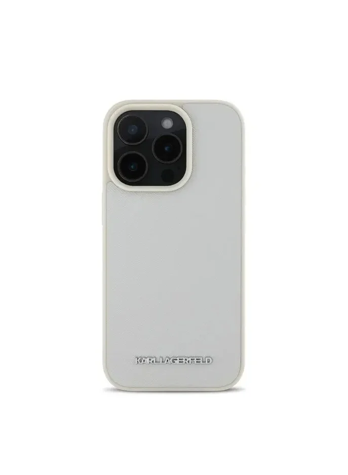 Karl Lagerfeld Saffiano Leather Hard Case with Elongated Metal Logo for iPhone 16 Pro / Drop Protection / Slim Profile - Beige