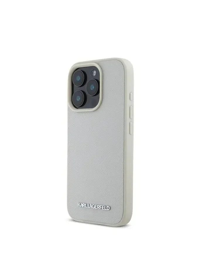 Karl Lagerfeld Saffiano Leather Hard Case with Elongated Metal Logo for iPhone 16 Pro / Drop Protection / Slim Profile - Beige