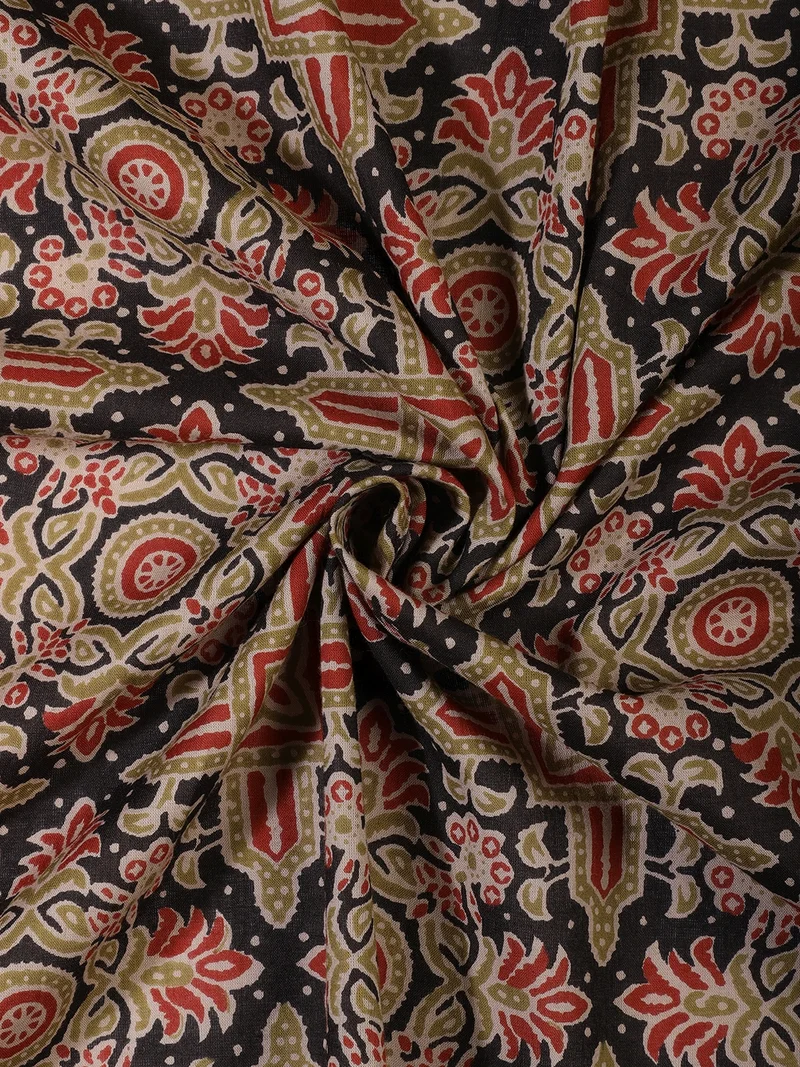 AKS Black Ornate Medallion Block Print Fabric