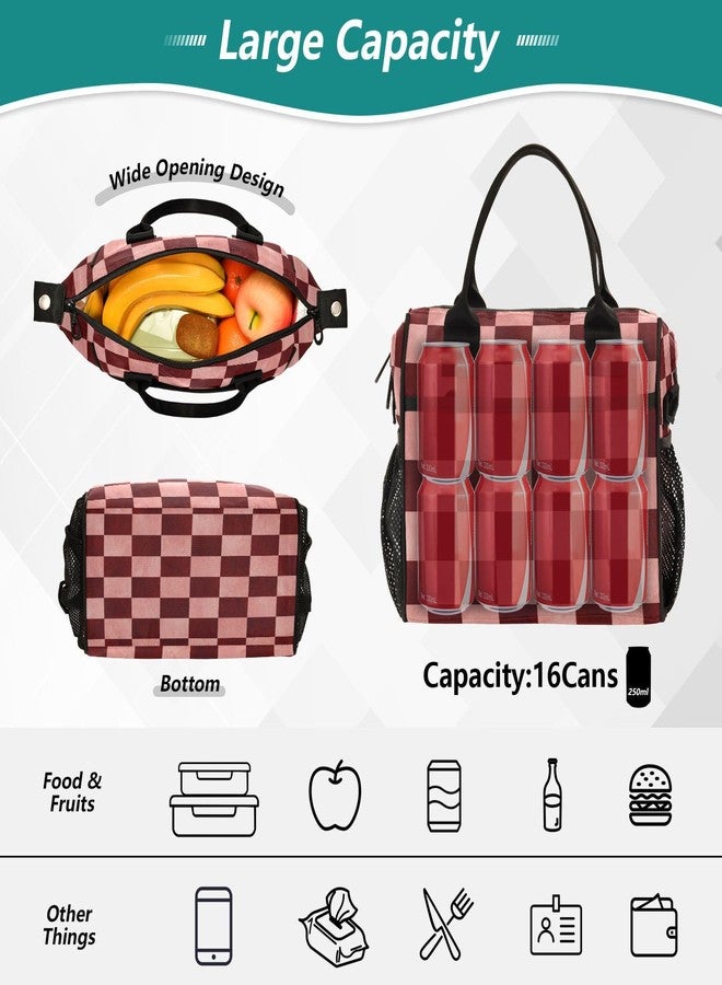 Kcldeci Lunch Bag Women Men Kids Red and Pink Checkered Chess Large Insulated Lunch Box for Work Adult Portable Cooler Bag Cute Lunch Tote Bag Meal Prep Organizer - Image 4
