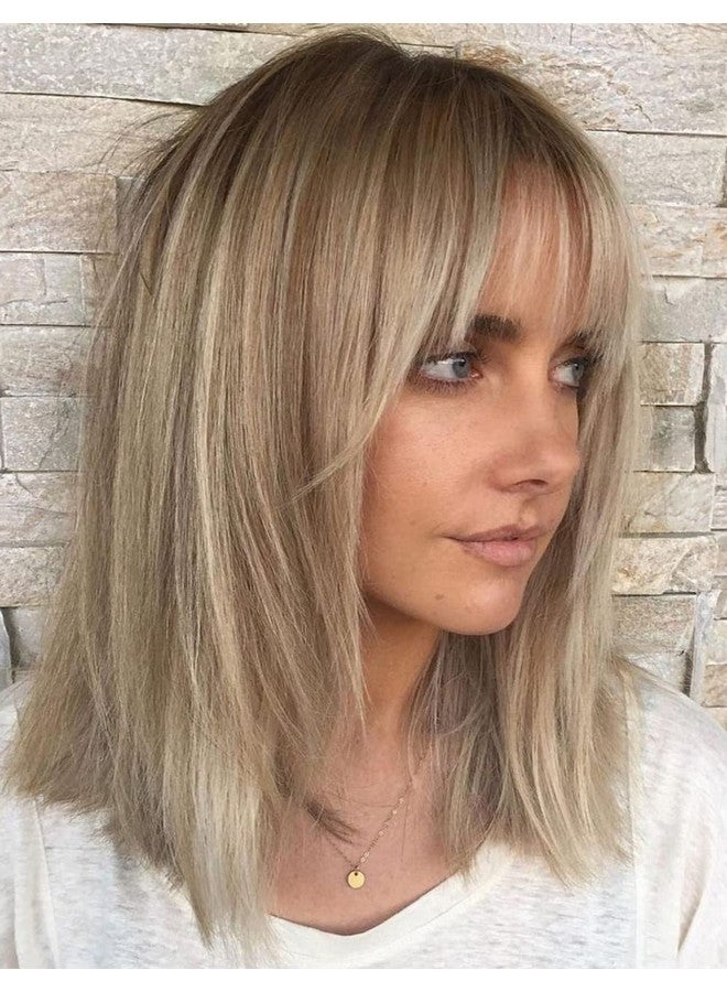 RENERSHOW Short Ombre Blonde Wig with Bangs Layered Straight Bob Synthetic Wigs for Women Mixed Blond Wig with Dark Roots Natural Looking Daily Party Wig(14inch) - Image 1