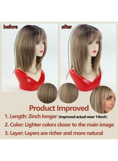 RENERSHOW RENERSHOW Short Ombre Blonde Wig with Bangs Layered Straight Bob Synthetic Wigs for Women Mixed Blond Wig with Dark Roots Natural Looking Daily Party Wig(14inch)  - Image 4