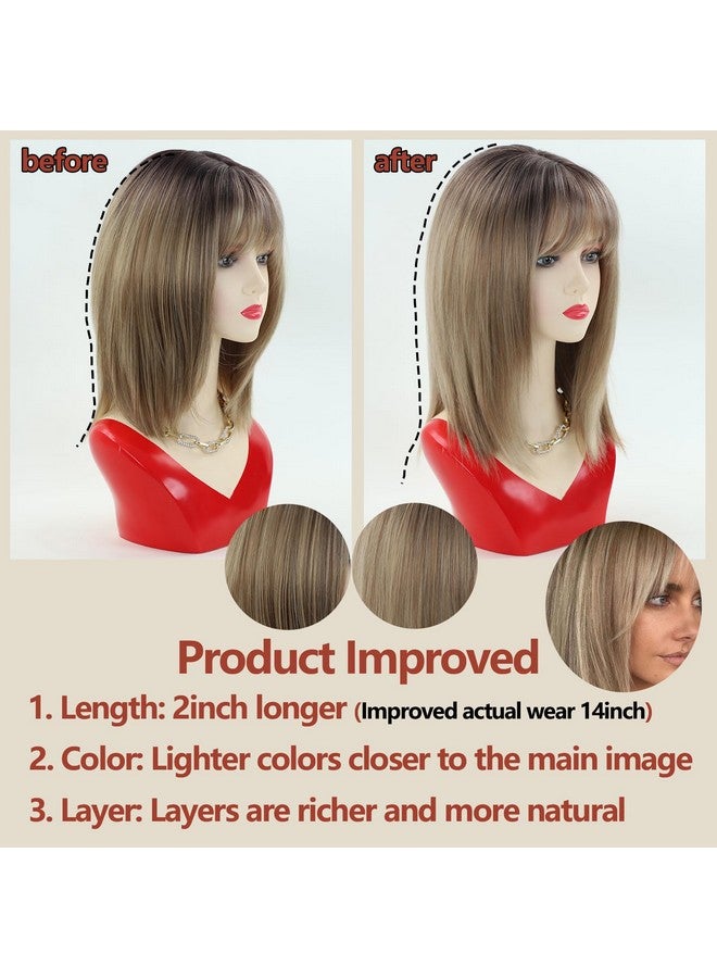 RENERSHOW Short Ombre Blonde Wig with Bangs Layered Straight Bob Synthetic Wigs for Women Mixed Blond Wig with Dark Roots Natural Looking Daily Party Wig(14inch) - Image 4