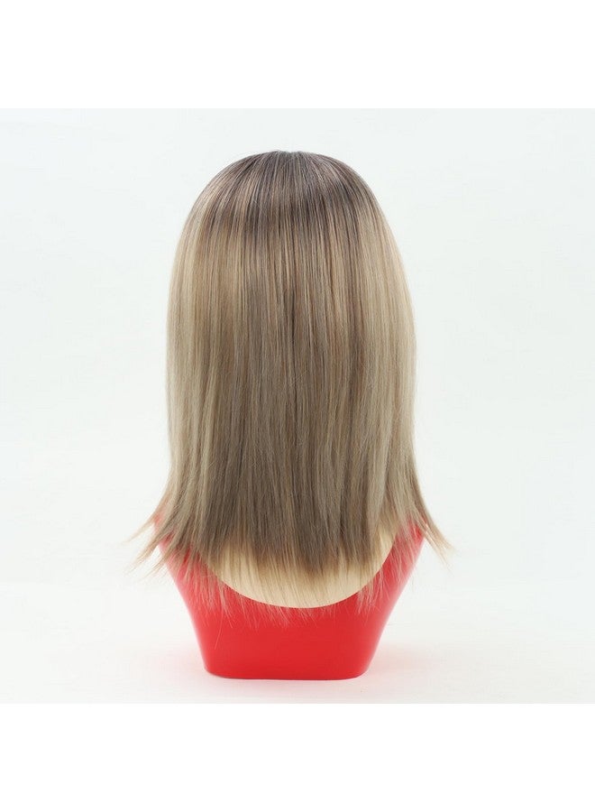 RENERSHOW Short Ombre Blonde Wig with Bangs Layered Straight Bob Synthetic Wigs for Women Mixed Blond Wig with Dark Roots Natural Looking Daily Party Wig(14inch) - Image 3
