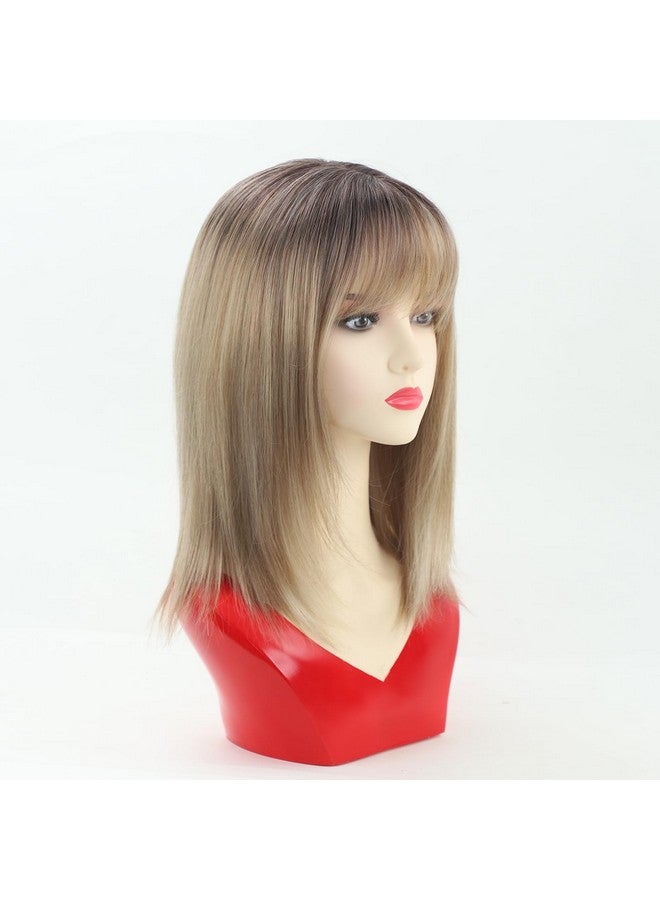 RENERSHOW Short Ombre Blonde Wig with Bangs Layered Straight Bob Synthetic Wigs for Women Mixed Blond Wig with Dark Roots Natural Looking Daily Party Wig(14inch) - Image 2