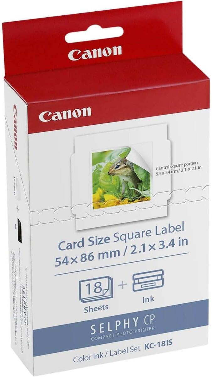 Canon KC-18IS Card Size Square Label Ink and Paper Set for SELPHY CP900/CP910 Printer, 18 Sheets - Image 1