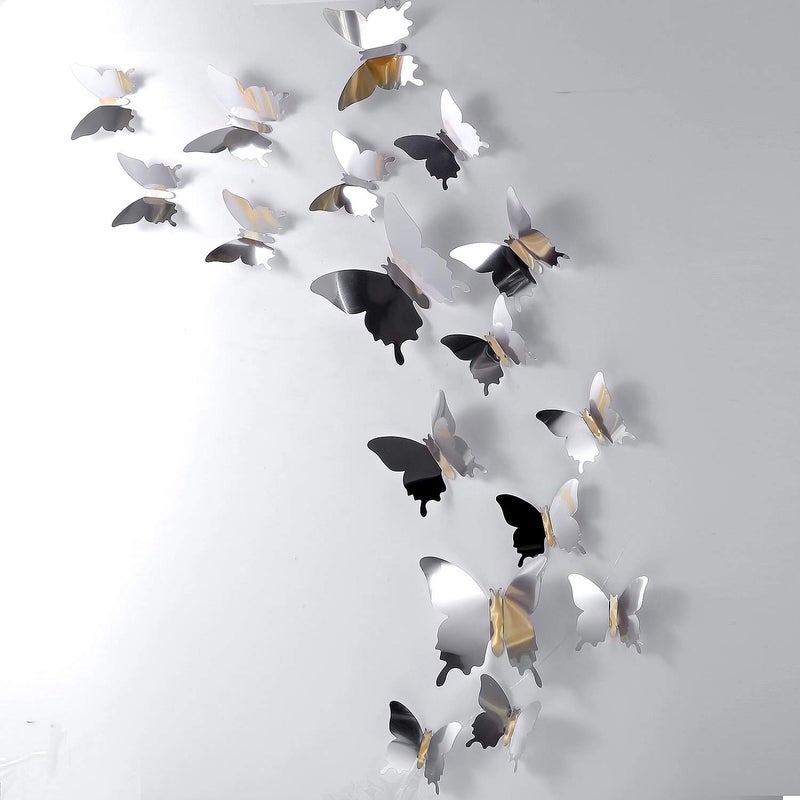 BBTO 48pcs 3D Butterfly Wall Stickers, Silver Mirror Design, Modern Style, PET Material, Wall Decor - Image 1