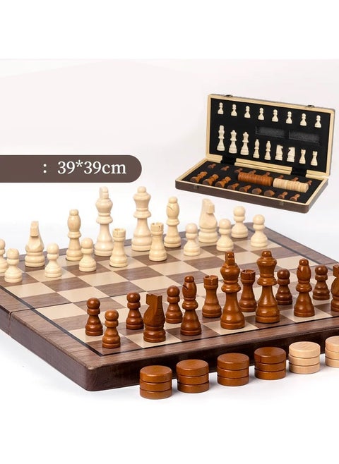2 in one Chess and Checkers 38cm Premium Quality Wooden Big Magnetic Board Portable Folding Board Game