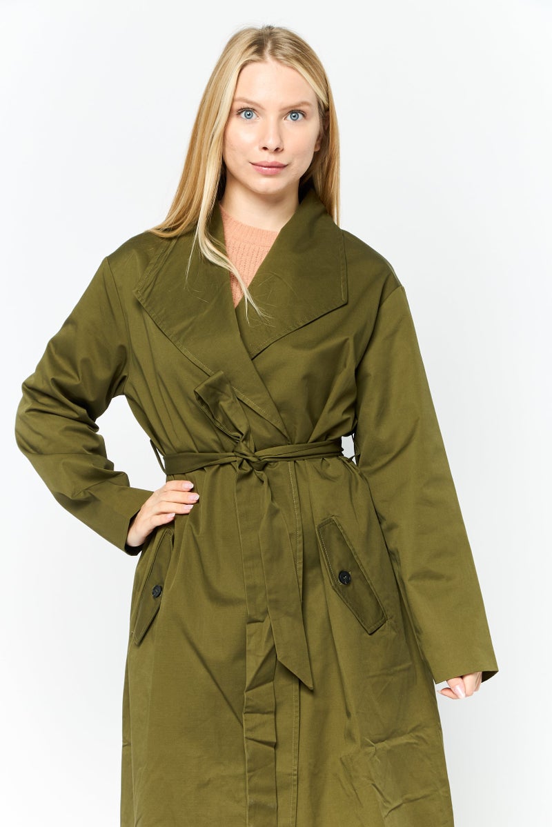Unique21 Women Solid Trench Coat, Olive - Image 3