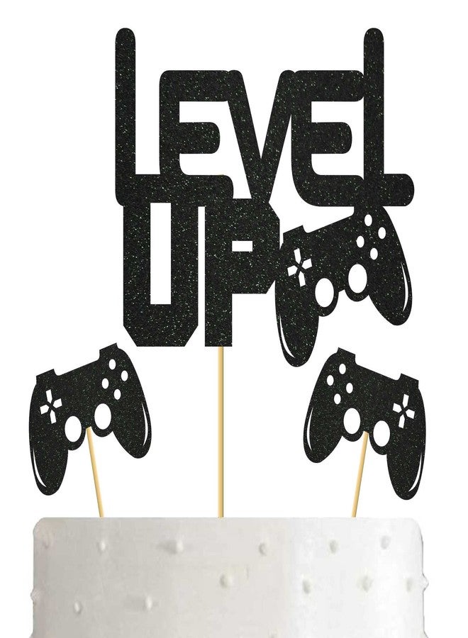 SVM CRAFT® Level Up Video Game Cake Topper, Theme Party Favors, Happy Birthday Cake Decor for Kids, Black Glitter Cake Topper for Children's Party