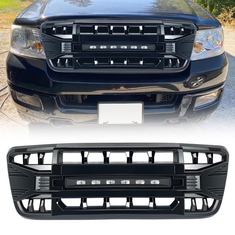 MEGAIE Front Grill Replacement for F150 20042008 Glossy Black Bumper Grille wOffRoad Lights