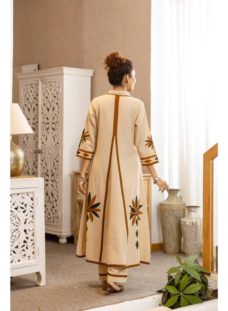 PRIYA’S PANACHE Beige Cotton Flex A-Line Co-ord Set for Women | 2 Piece Embroidered Shirt Style Kurta Pant Set | Ethnic Indian Wear | Casual & Smart Casual Wear