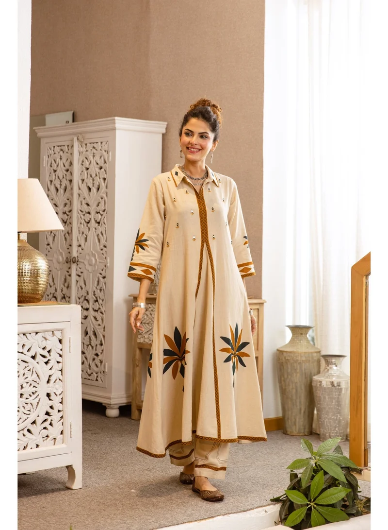 PRIYA’S PANACHE Beige Cotton Flex A-Line Co-ord Set for Women | 2 Piece Embroidered Shirt Style Kurta Pant Set | Ethnic Indian Wear | Casual & Smart Casual Wear