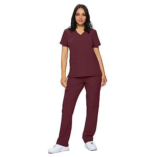 Monarch Uniforms Scrub Sets in Regular and Petite Stretchy Scrubs for Women Set of Scrub Top and Scrub pants-(BURGUNDY)-L - Image 1