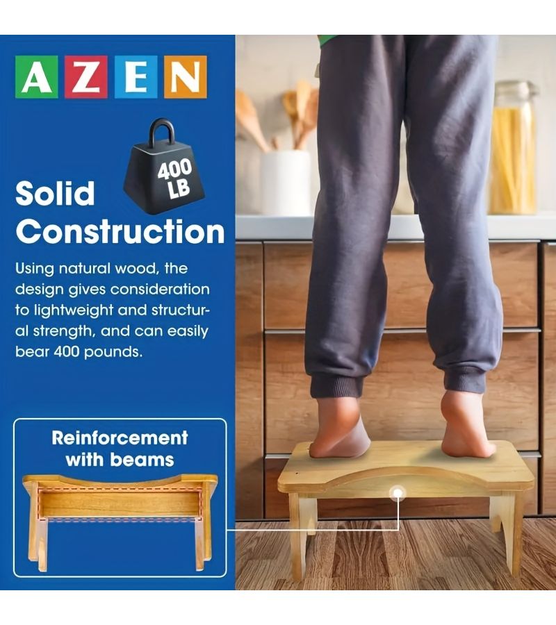 AZEN Wooden Toilet Auxiliary Step Solid Wood Toilet Pedal Weight Capacity 400 Lbs Reinforced Support Beam 7 Inch Height Sturdy Curved Design Impact Resistant Rounded Corners Adult Portable Squat Stool Suitable For Various Room Types - Image 3