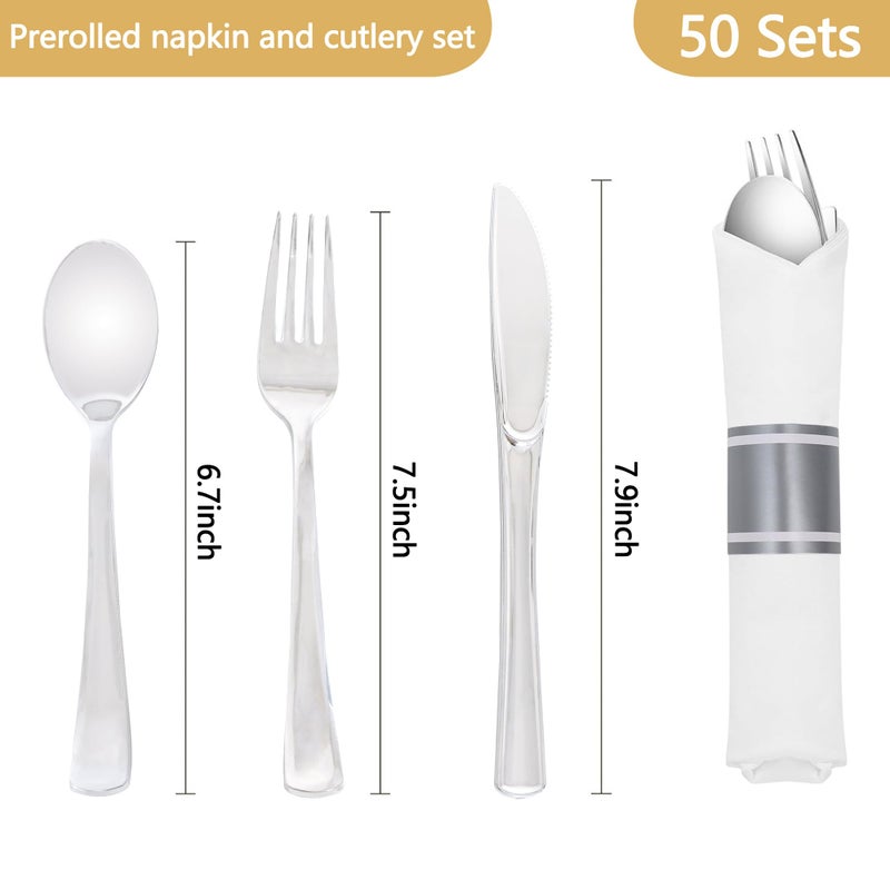 Dlebay 50 Pack Pre Rolled Silver Plastic Silverware Set Wrapped Plastic Cutlery Set with Napkin Include 50 Forks 50 Spoons 50 Knives and 50 White Napkins for Party  Wedding - Image 1