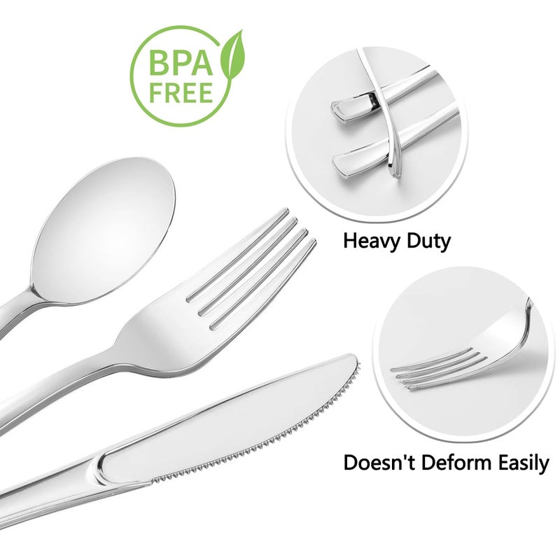 Dlebay 50 Pack Pre Rolled Silver Plastic Silverware Set Wrapped Plastic Cutlery Set with Napkin Include 50 Forks 50 Spoons 50 Knives and 50 White Napkins for Party  Wedding - Image 2