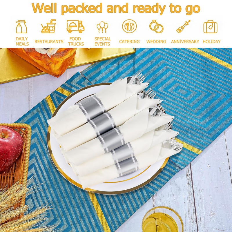 Dlebay 50 Pack Pre Rolled Silver Plastic Silverware Set Wrapped Plastic Cutlery Set with Napkin Include 50 Forks 50 Spoons 50 Knives and 50 White Napkins for Party  Wedding - Image 3
