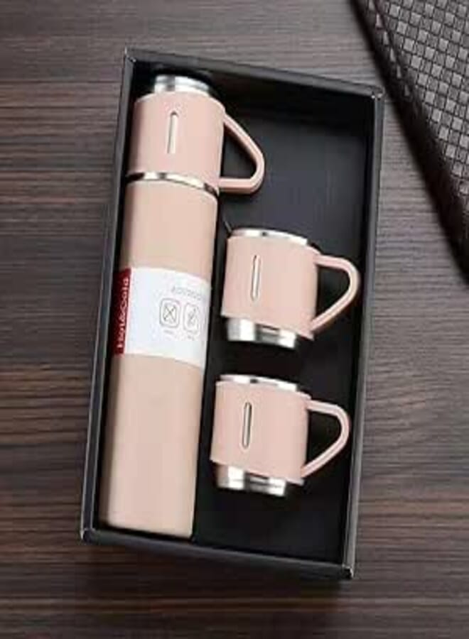 Nessan 3-Piece Stainless Steel Gift Set Vacuum Thermal Mug Flask Bottle with 2 Extra Cup Set Leak-proof Mug Insulated Travel Business Trip Water Bottle Thermos Hot & Cold Up to 12 Hours 500ml - Peach