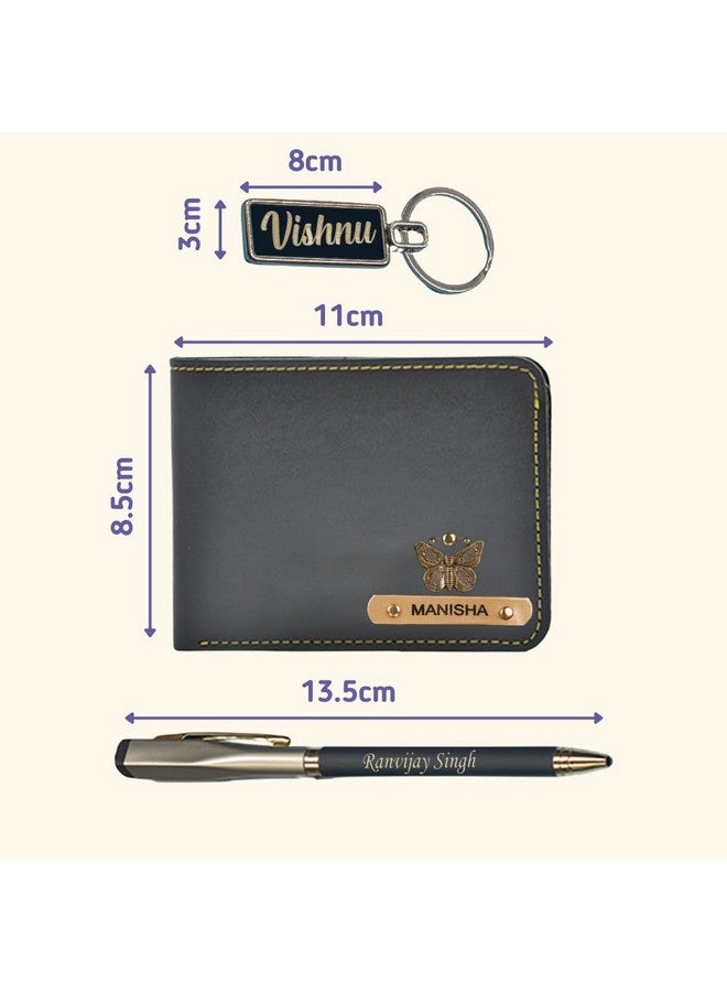 YOUR GIFT STUDIO YOUR GIFT STUDIO Customized Birthday Gift Set for Men with Name & Charm | Personalized Leather Men's Wallet, Pen and Keychain | Personalized Gift Set for Husband, Father, Brother (Grey) - Image 3