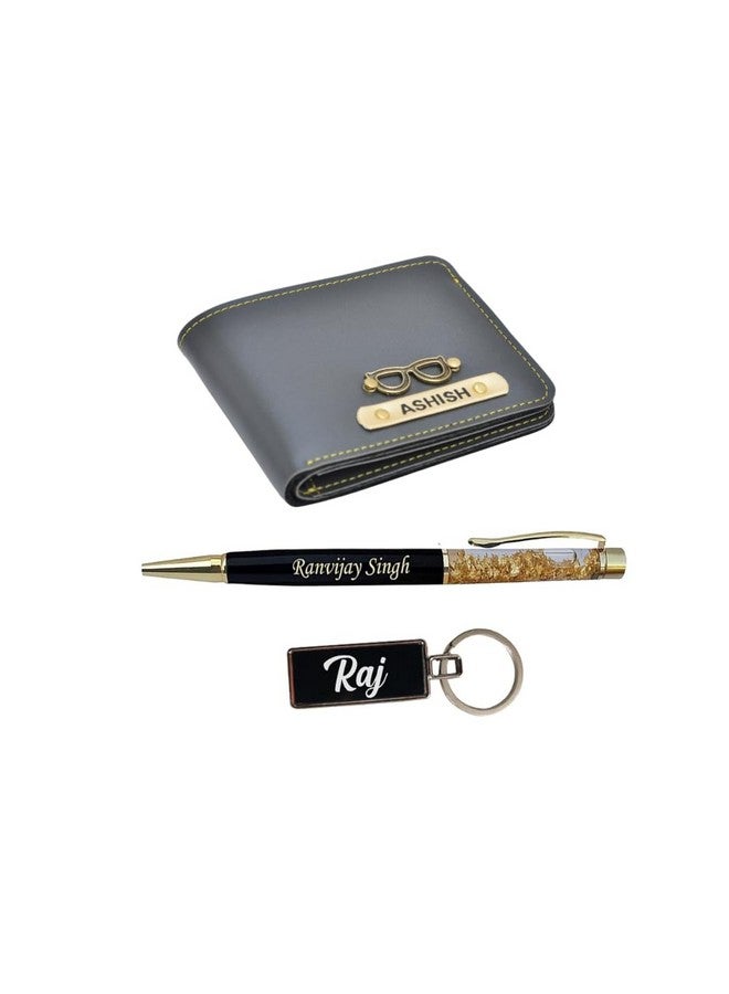 YOUR GIFT STUDIO YOUR GIFT STUDIO Customized Birthday Gift Set for Men with Name & Charm | Personalized Leather Men's Wallet, Pen and Keychain | Personalized Gift Set for Husband, Father, Brother (Grey) - Image 1