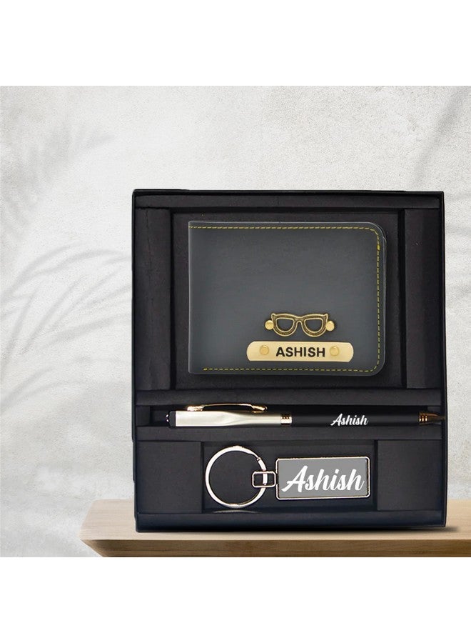 YOUR GIFT STUDIO YOUR GIFT STUDIO Customized Birthday Gift Set for Men with Name & Charm | Personalized Leather Men's Wallet, Pen and Keychain | Personalized Gift Set for Husband, Father, Brother (Grey) - Image 2