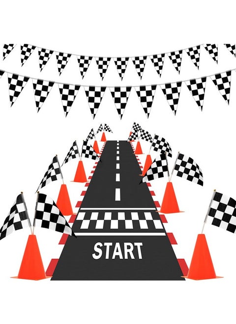 Traffic Cones and Racing Checkered Flags, AHIER 38 Pcs Set -12 Plastic Traffic Cones With Hole, 24 Checkered Flags with Sticks, 6.5Ft Racetrack Floor Runner and 9.8ft Checkered Race Track Banner