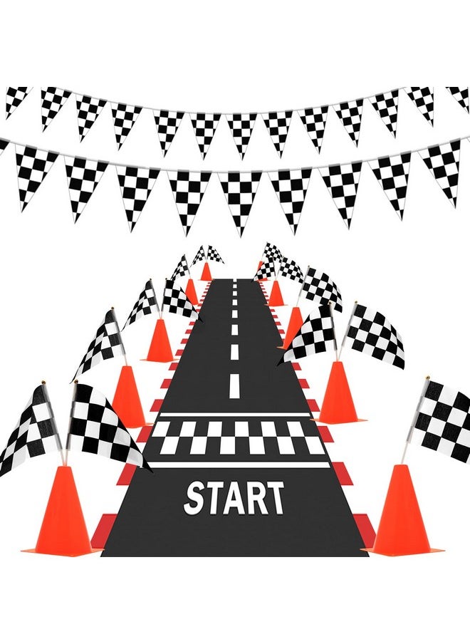 Ahier - Traffic Cones and Racing Checkered Flags, AHIER 38 Pcs Set -12 Plastic Traffic Cones With Hole, 24 Checkered Flags with Sticks, 6.5Ft Racetrack Floor Runner and 9.8ft Checkered Race Track Banner - Image 1