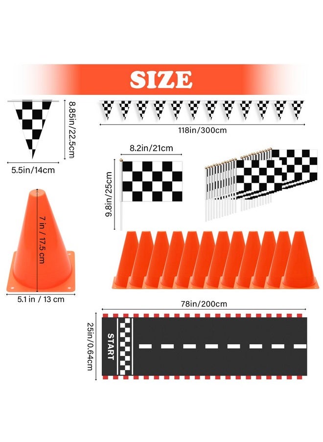 Ahier - Traffic Cones and Racing Checkered Flags, AHIER 38 Pcs Set -12 Plastic Traffic Cones With Hole, 24 Checkered Flags with Sticks, 6.5Ft Racetrack Floor Runner and 9.8ft Checkered Race Track Banner - Image 1